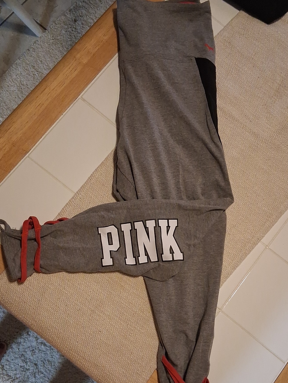 Used PINK Victoria's Secret Leggings Grey/red/blk Large W Pink Logo On Back Leg